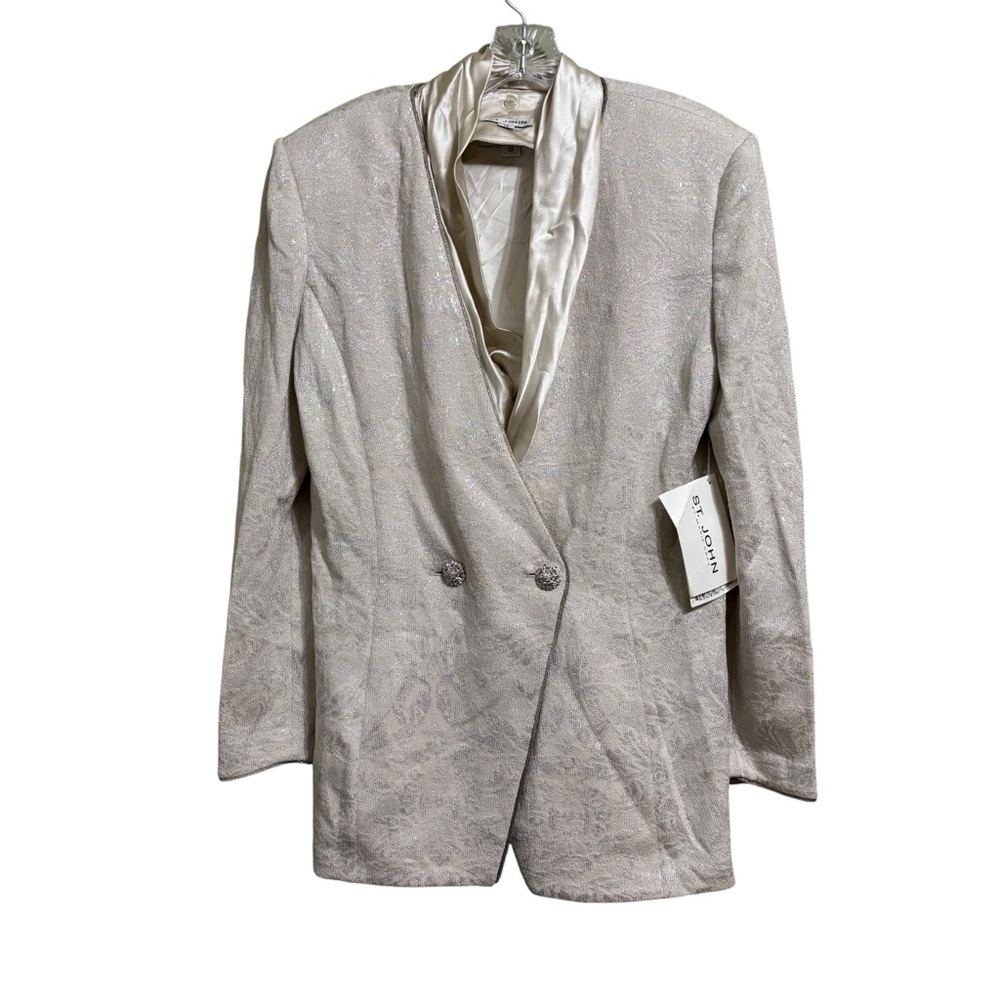 NEW St. John Evening Blazer Sz 12 Cream Silver Metallic Crystal Button Jacket